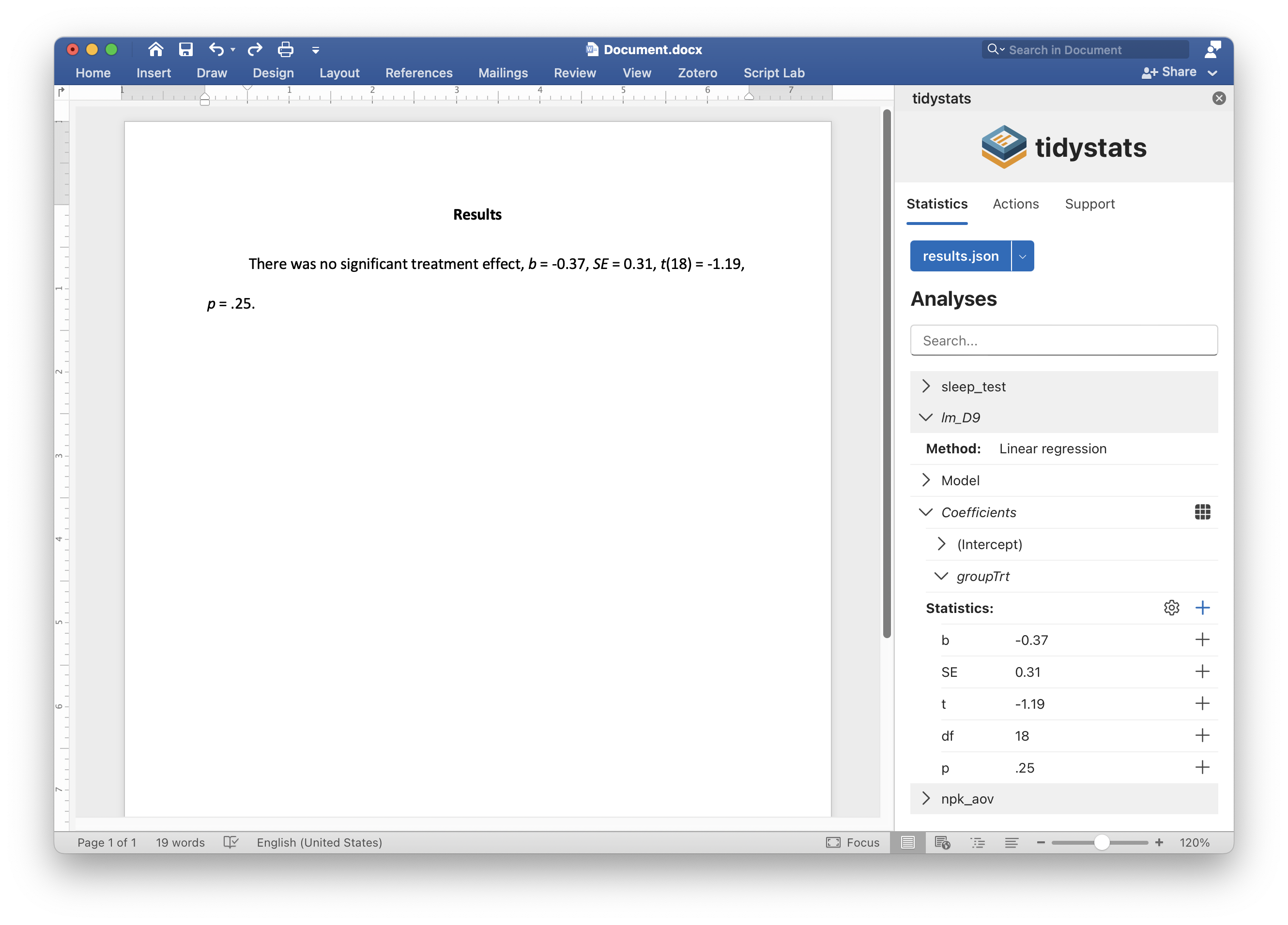 Screenshot of the tidystats Microsoft Word add-in showing a list of analyses with statistics